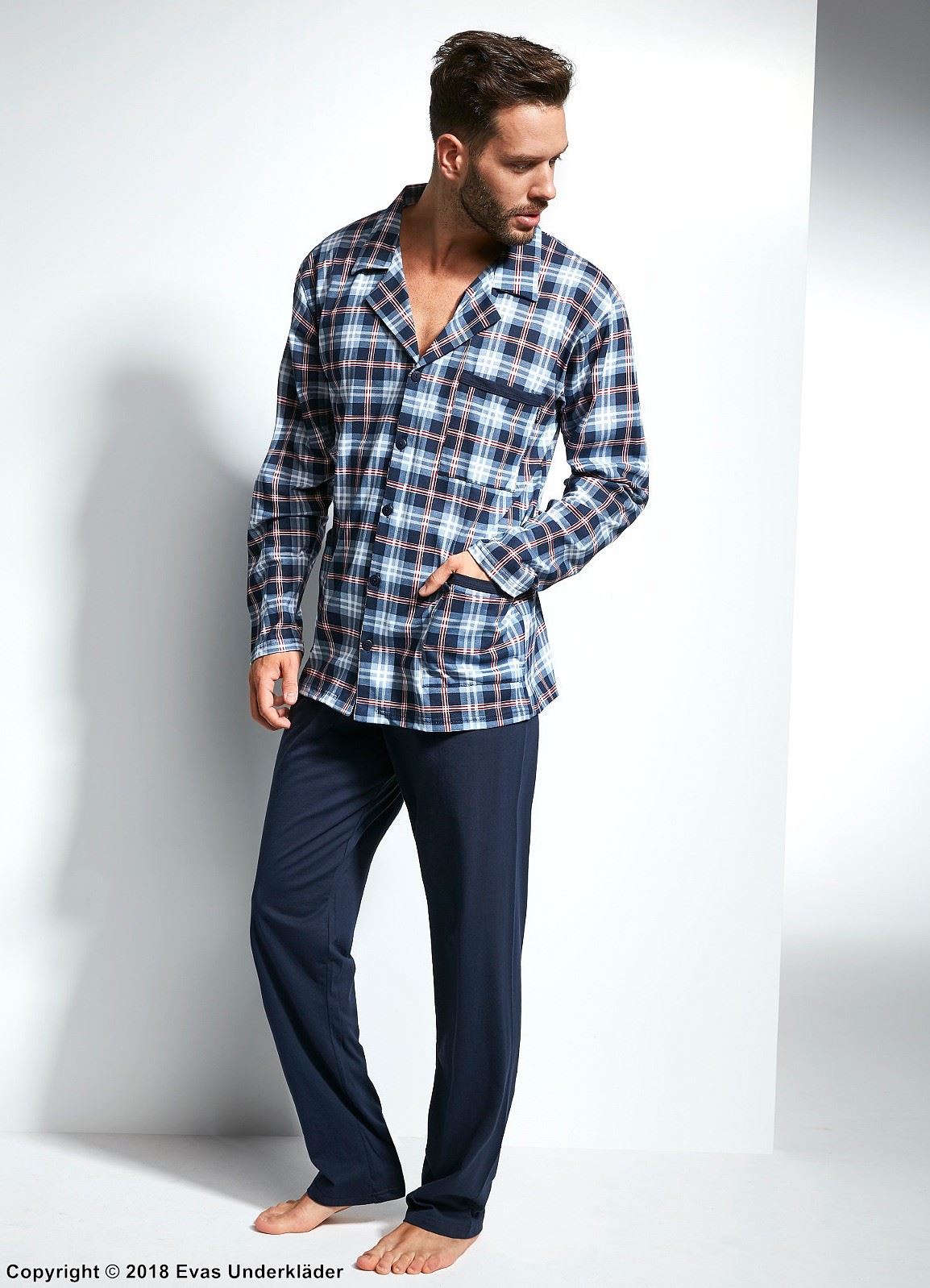 Men's top and pants pajamas, high quality cotton, pockets, scott-checkered pattern